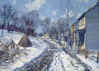 A rural scene in winter with houses on the right along a tree lined road. At the left is a smal…