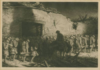 Downtrodden troops marching past embattled ruins with a figure seated on a horse among barbed w…