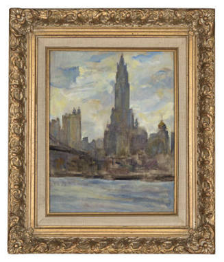 A small oil painting depicting a hazy view of the New York skyline.