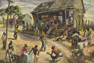 Figures playing baseball on a street corner by a wooden building featuring colorful advertiseme…