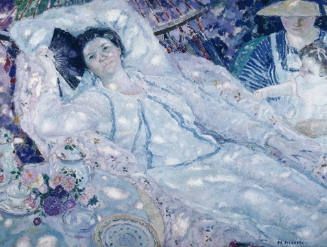 A predominantly blue tonal painting of a woman reclining in a hammock with a fan in her proper …