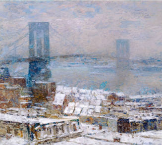 A view of the snowy rooftops of a city near a monumental bridge arcing over a river and dissolv…