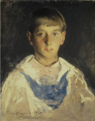 A bust-length, full face, portrait of a young boy with blonde hair, against a dark background w…