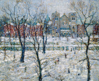 A wintery cityscape including a church façade with bare-branched trees and streetlamps in the f…