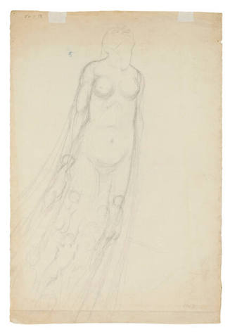 The front of a double-sided drawing featuring a sketch of nude woman ascending with smaller nud…