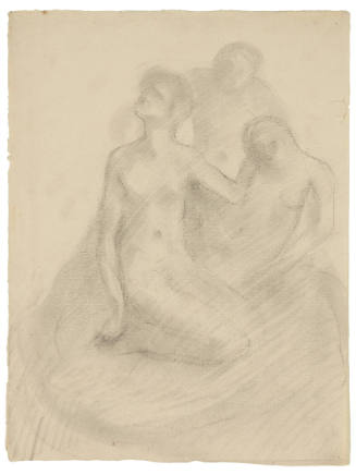 A pencil drawing of three seated nude figures.

