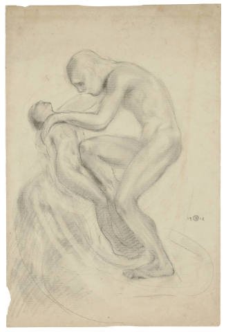 A pencil drawing of a man holding a boy.

