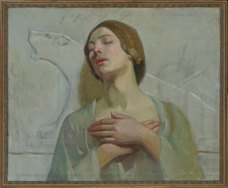 An oil painting of a woman in a green garment with arms crossed over her chest and head tilted …