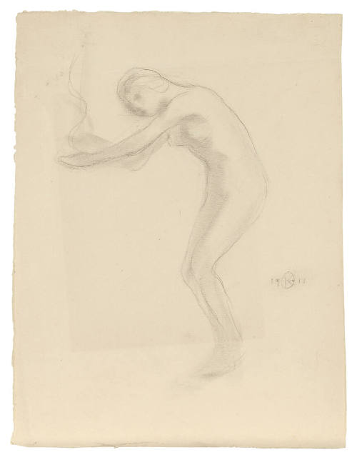 A pencil drawing of a nude female figure with knees slightly bent, back arched forward, and arm…