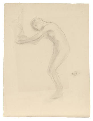 A pencil drawing of a nude female figure with knees slightly bent, back arched forward, and arm…