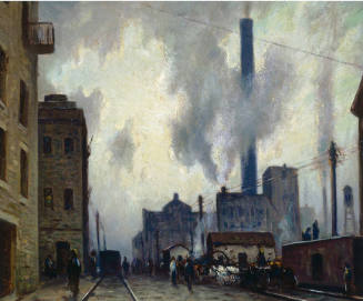 A painting of River Street, a cobblestone street with trolley or railway tracks running through…