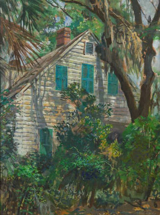A painting of a white siding clad two-story home with blue shutters enveloped in palms, bushes …