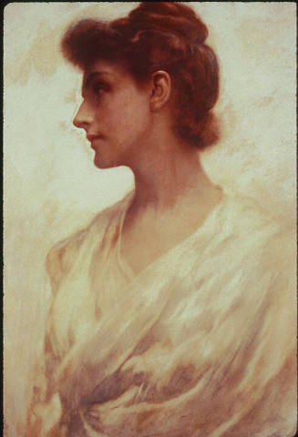 Profile of a woman facing the proper right draped in a loose-fitting white garment.