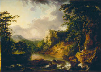An idyllic landscape with a small river in the center flowing passed a rocky promontory jutting…