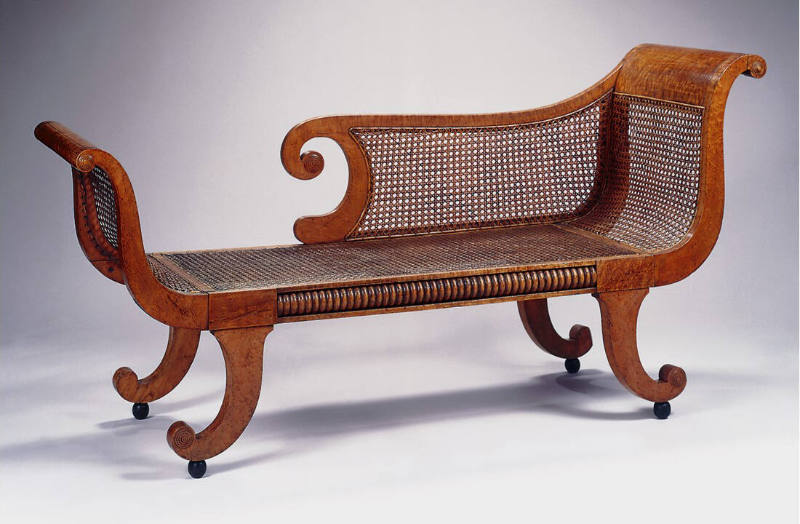 One of a pair of Récamier sofas or Grecian sofas with a partial back terminating in a scroll cr…