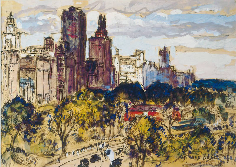 A view of Central Park from a high vantage point with buildings on the left and a road running …