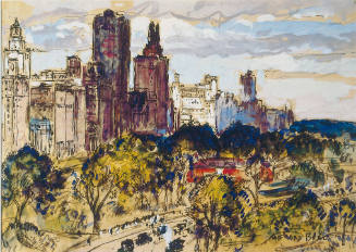 A view of Central Park from a high vantage point with buildings on the left and a road running …