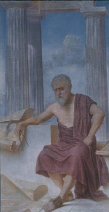 A man in a red toga holds a compass in his proper right hand which is lying on a scroll and sit…
