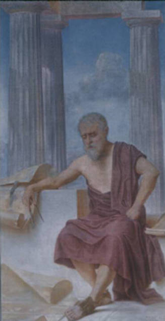 A man in a red toga holds a compass in his proper right hand which is lying on a scroll and sit…