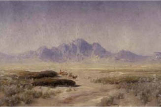 The foreground is populated by bushels of wild dry brush with two large brown rocks projecting …