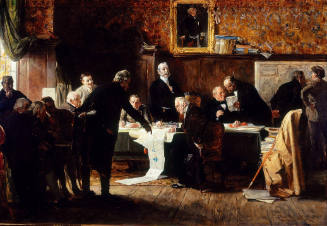 A painting of men seated around tables in a wallpapered and paneled room conversing over stacks…