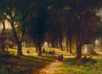 Two figures walk down a sandy lane lined with monumental oak trees draped in moss amidst sepulc…