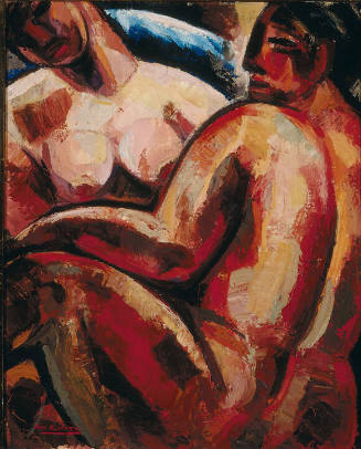 Two crouching nude figures painted with broad strokes of color. 
