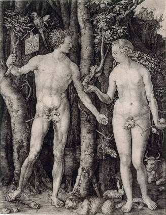 The biblical Adam and Eve standing in front of a forest with Eve handing an apple to Adam next …