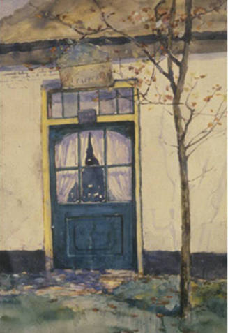 A blue cottage door with six glass panes and a transom window to the left of a slender tree. 