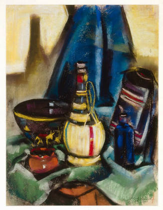 Still life with a covered wine bottle, blue bottle, bowl, clay pot, and a canteen, on a table w…