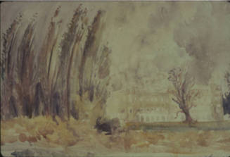 A watercolor landscape of tall poplars at left swaying to the right, over a large building.