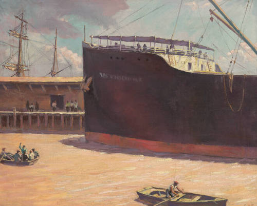 A painting of a cargo ship called the Antioch docking at a harbor on a brown muddy river.
