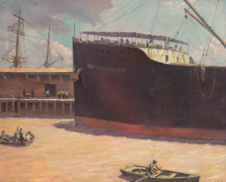 A painting of a cargo ship called the Antioch docking at a harbor on a brown muddy river.
