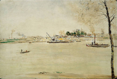 View of the river Seine with steam boats and a tree in the right foreground. 