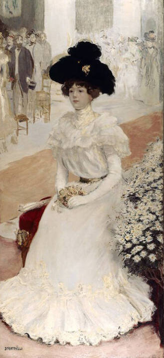 Full-length portrait of a young woman dressed in all white with a black hat seated on a red uph…