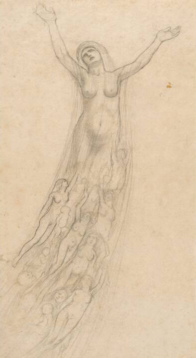 A pencil drawing of a female nude ascending with outstretched arms.