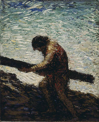 An abstract expressionist painting of a male figure, the Biblical figure of Jesus Christ, seen …