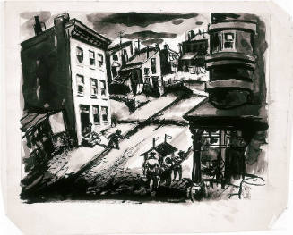 A black and white drawing of buildings lining a street on a hill with a small food cart surroun…