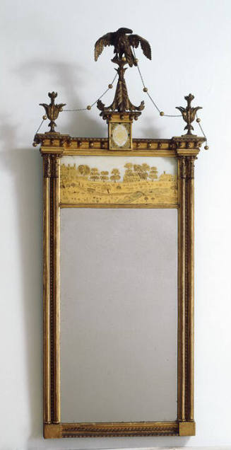 A Neoclassical Sheraton gilt looking glass or mirror with eglomise glass panel depicting a rura…