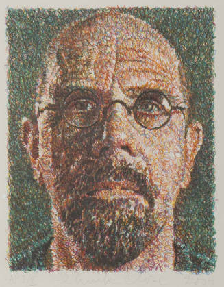 A self-portrait of the artist, Chuck Close, using a hand colored traditional Japanese woodcut t…