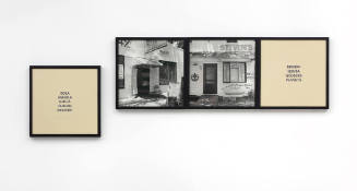 A set of four framed works in plain black frames with two black and white photographs of store …