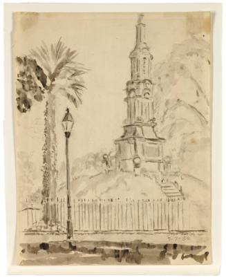 A drawing of a monument on a hill behind a fence with a palm tree and light post on the left.