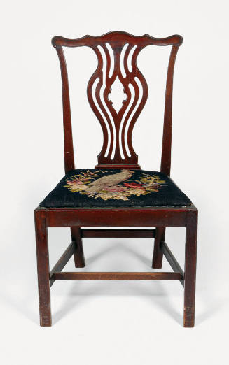 A Chippendale-style mahogany chamfered, straight legged side chair with stretchers, a pierced v…
