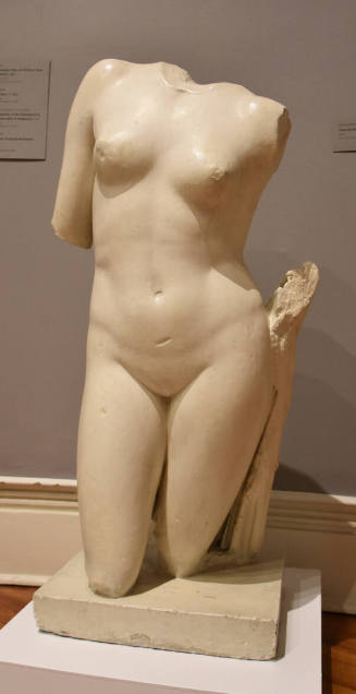 A nude female figure with no head, arms or lower legs. 