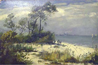 A painting of a grassy beach with sinewy trees and a faint city skyline in the distance.