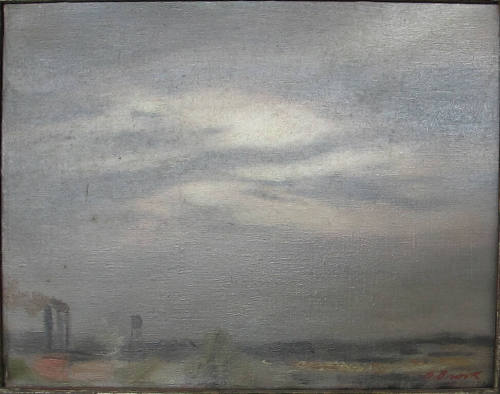 An oil painting of a dismal gray and brown sky with the sun's rays covered by a thick layer of …