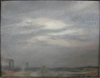 An oil painting of a dismal gray and brown sky with the sun's rays covered by a thick layer of …