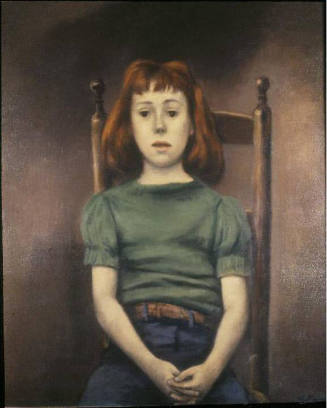 An oil painting of a girl with shoulder length red hair seated in a simple ladderback chair wea…