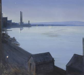 A night view of a harbor from a high vantage point with a street lamp on the dock and factory s…