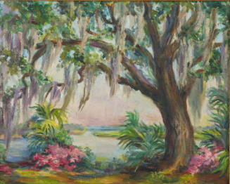 A painting of a Spanish moss covered live oak tree on the right opening up to a vista of pink a…